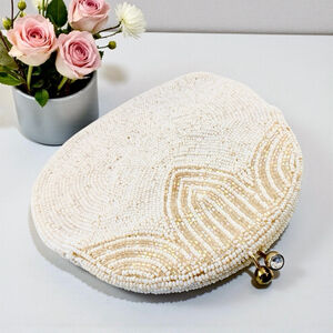 Vintage White Opalescent Gold Glass Seed Beaded Clutch Handbag. Wedding